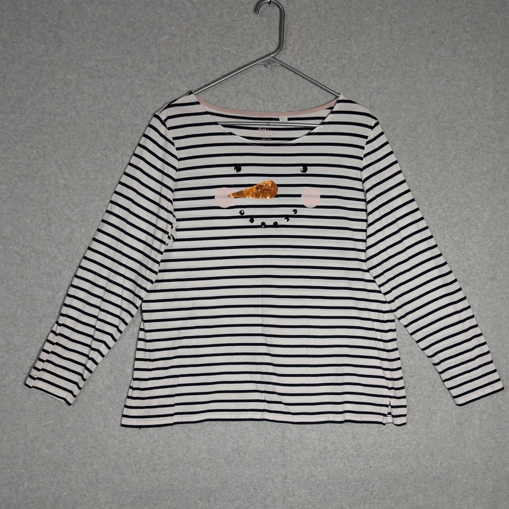Boden T-Shirt Womens 16/18 Blue White Striped Sequin Snowman Christmas Holiday